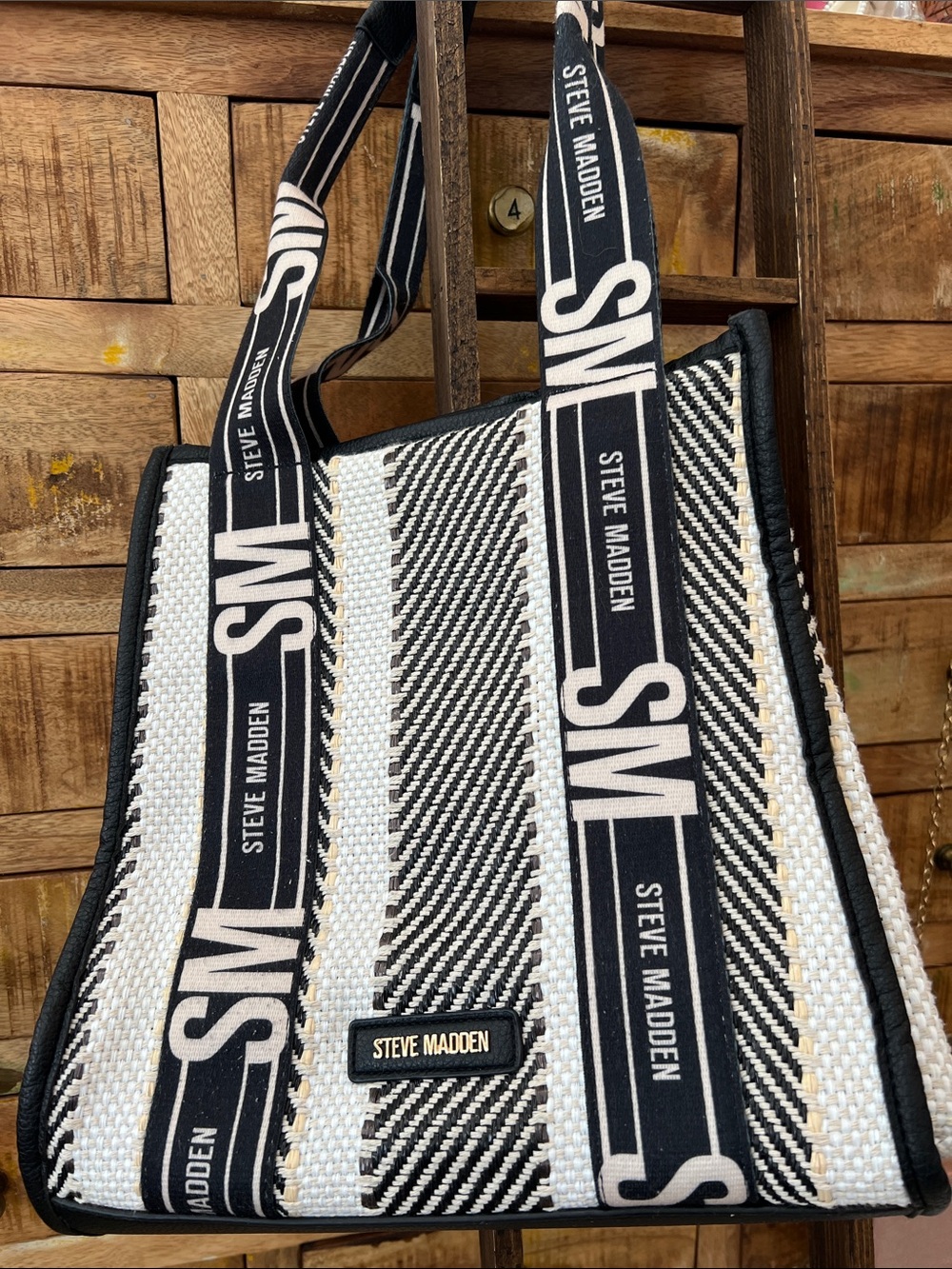 Steve Madden Black and White Striped Logo Tote
